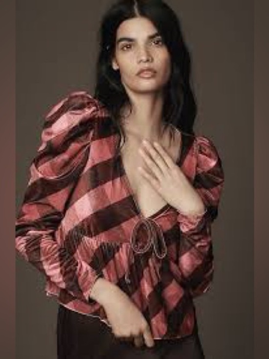 Maeve Tops - Anthropologie Maeve | Pink Plaid Striped Puff Sleeve V-Neck Blouse